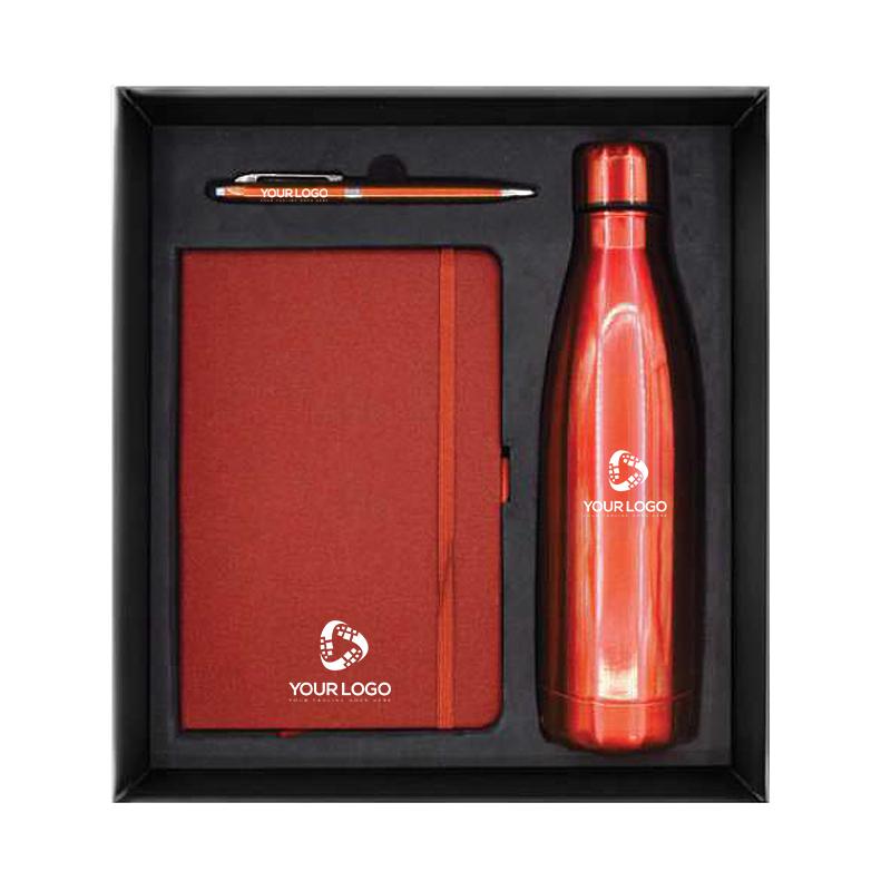 Red Color PU Notebook, Red Metal Pen With Stylus & Red Insulated Bottle